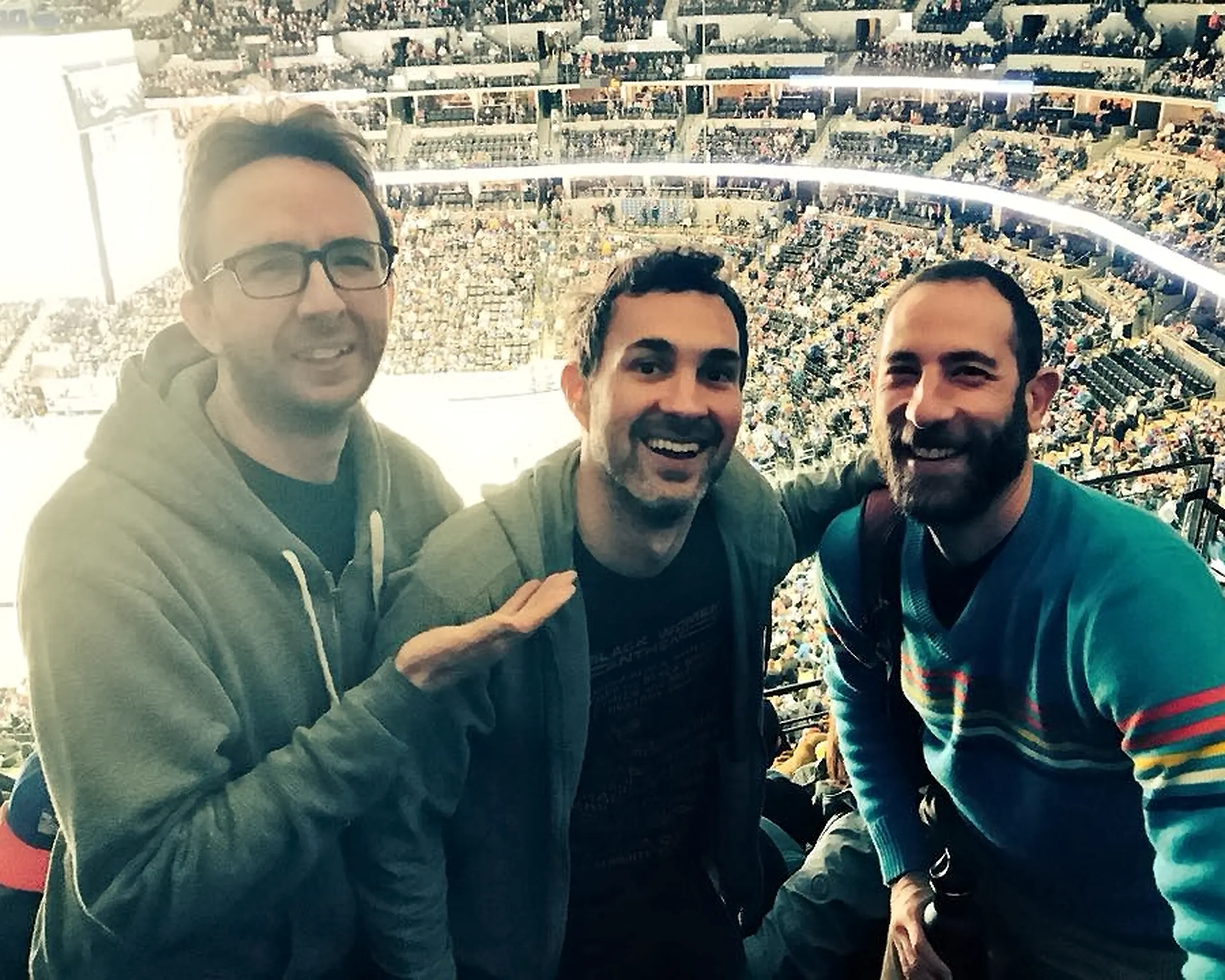 Comedians Mark Normand and Joe List of Tuesdays with Stories with Ari Shaffir at a hockey game. Find Mark Normand Tour Dates and Joe List Tour Dates at www.tuesdayspod.com/find-a-show