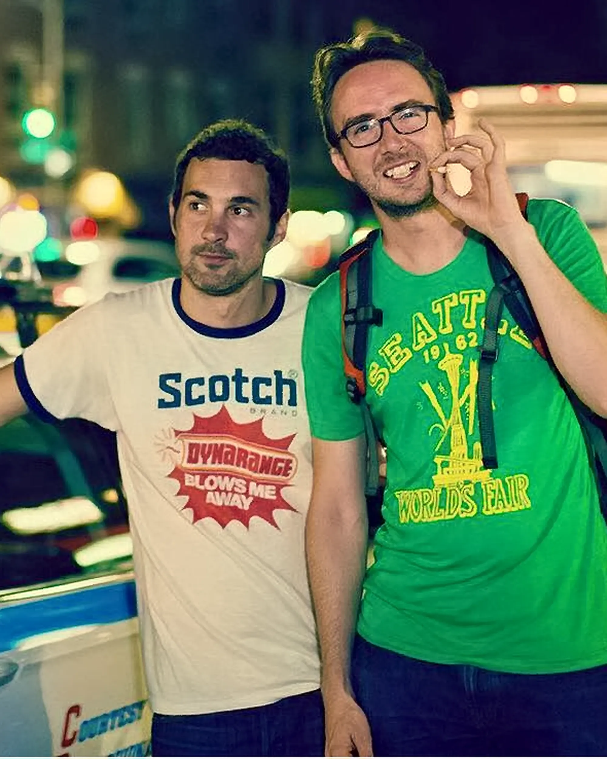Comedian Joe List in a Seattle World's Fair shirt, with Mark Normand of Tuesdays with Stories. Find Mark Normand Tour Dates and Joe List Tour Dates at www.tuesdayspod.com/find-a-show