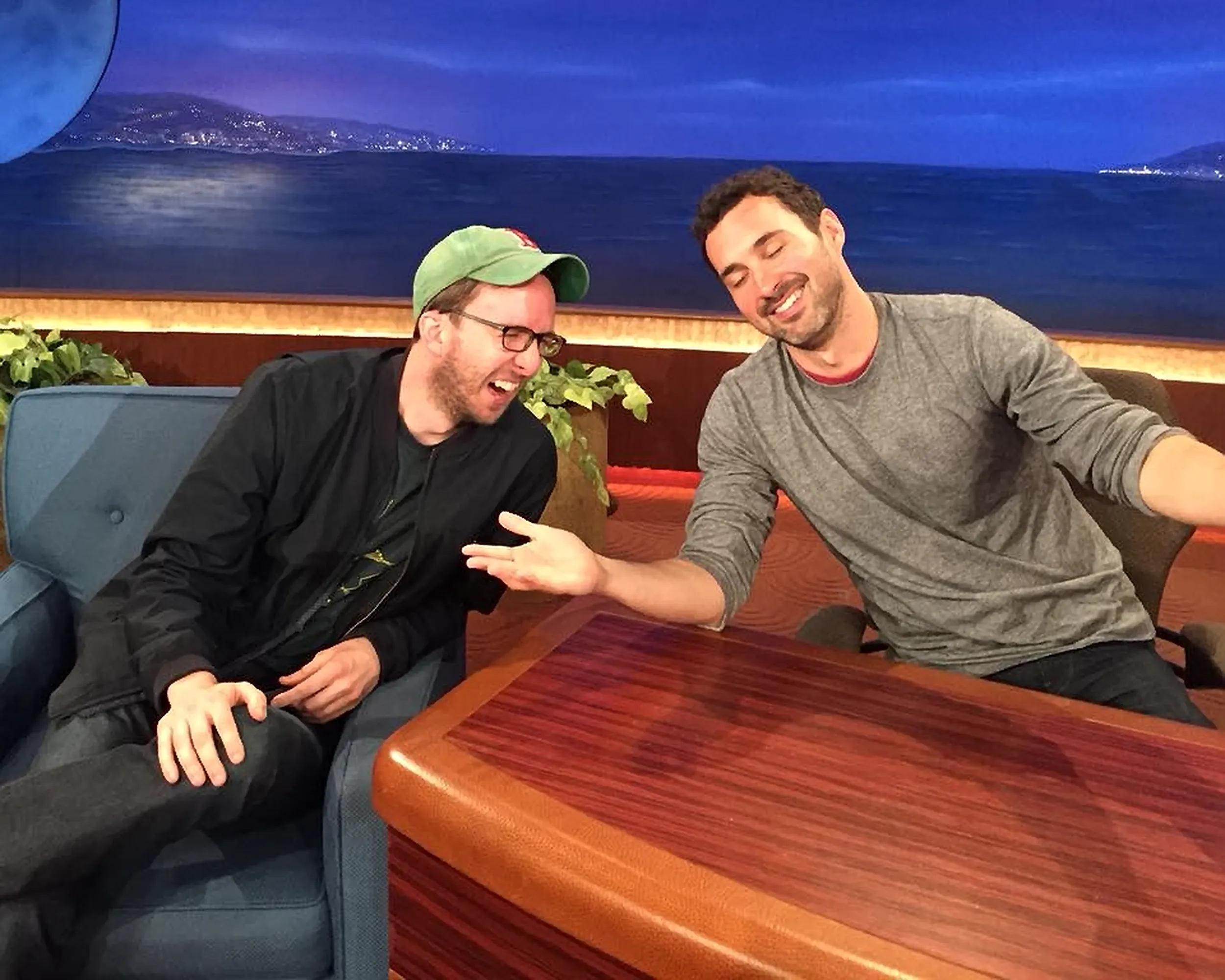 Comedian and host of Tuesdays with Stories Joe List laughing with Mark Normand on the set of Conan (Conan O'Brien, TBS). Find Mark Normand Tour Dates and Joe List Tour Dates at www.tuesdayspod.com/find-a-show