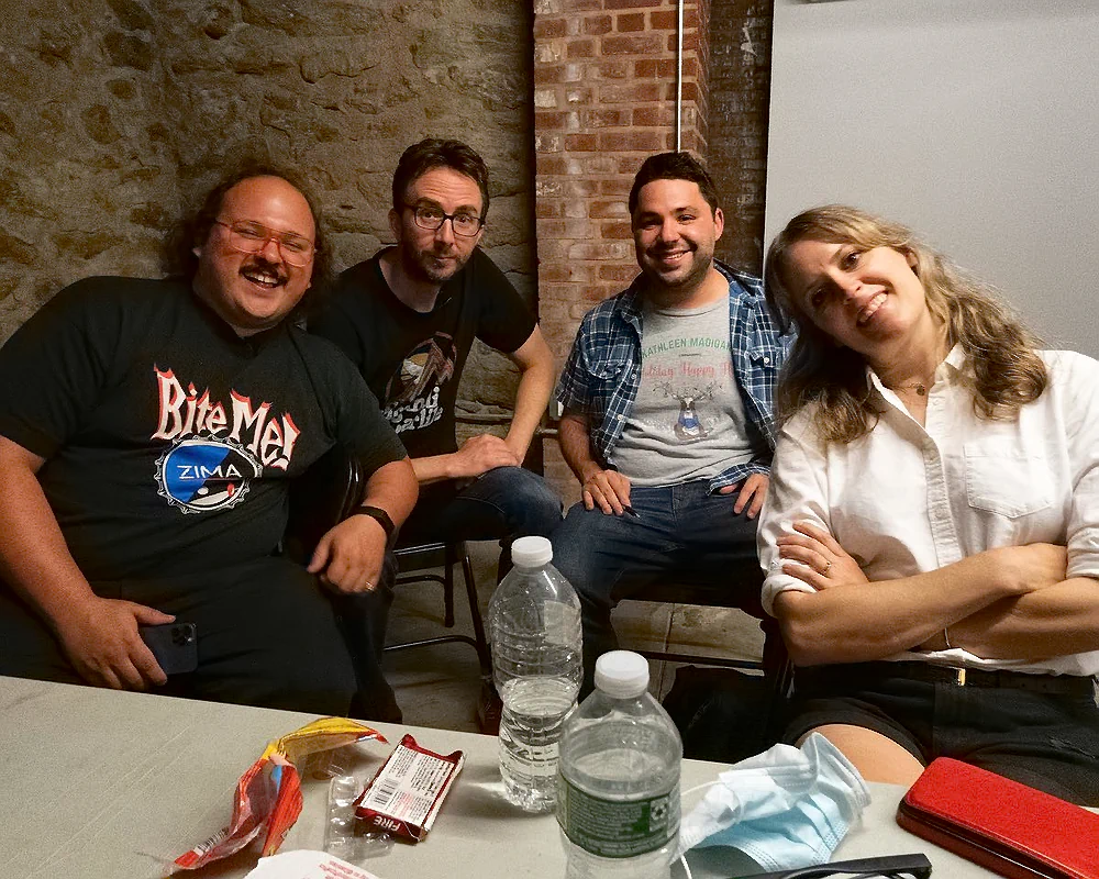 Comedians Stavros Halkias, Raanan Hershberg, and Sarah Tollemache with comedian Joe List of Tuesdays with Stories. Find more about Joe at www.tuesdayspod.com/joe-list