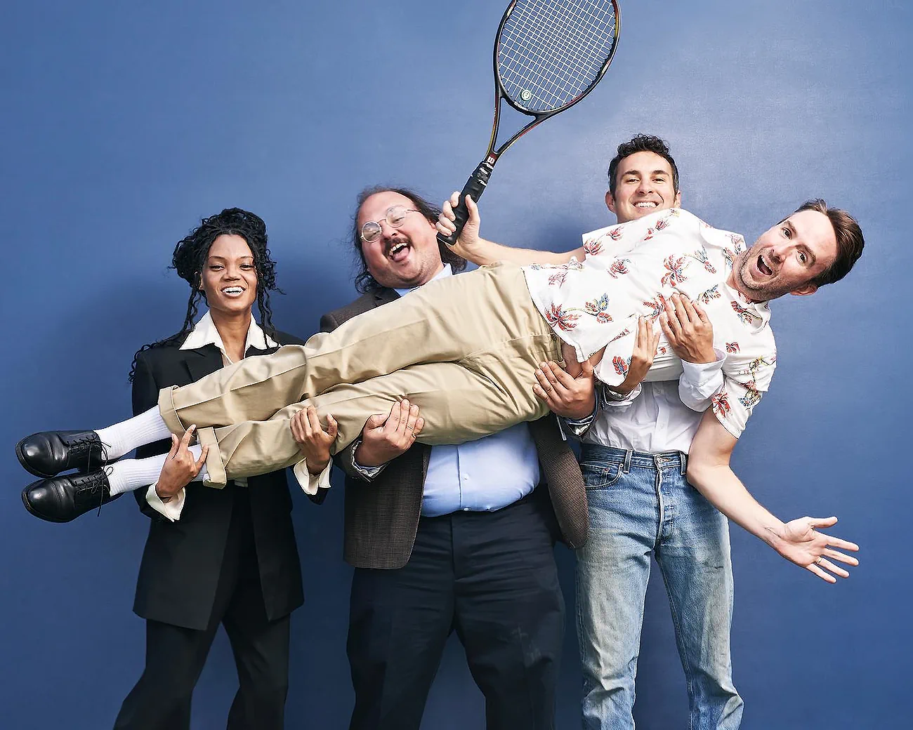 Comedian Stavros Halkias playing tennis with comedians Mark Normand and Joe List of Tuesdays with Stories. Find more Tuesdays with Stories photos at www.tuesdayspod.com/photos