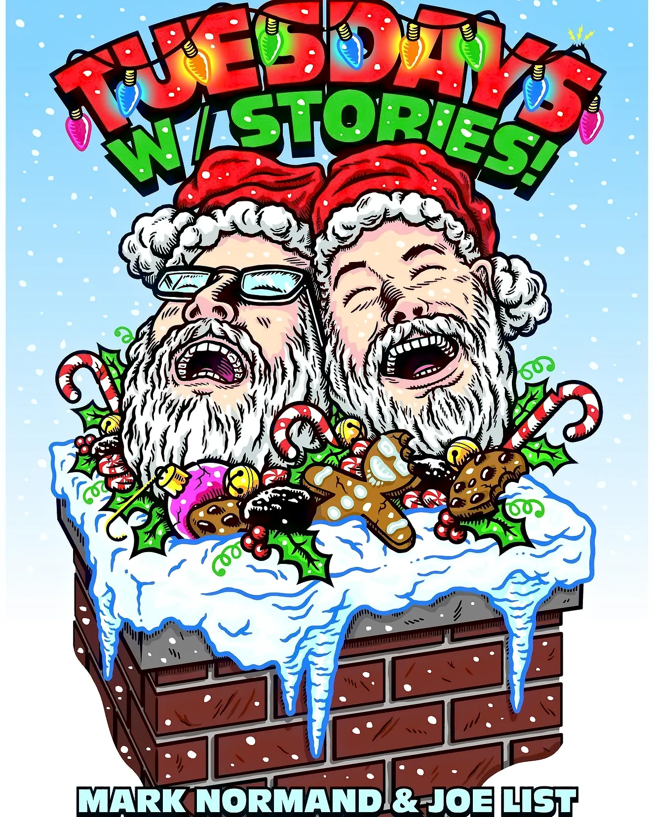 Christmas logo for the Tuesdays with Stories comedy podcast. Find more at www.tuesdayspod.com/photos