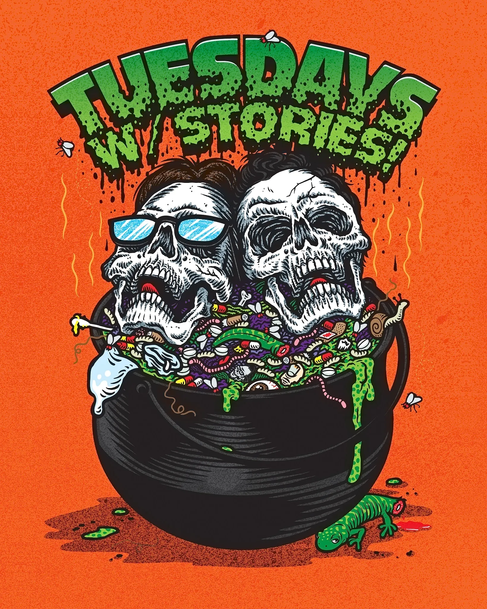 Halloween logo for the Tuesdays with Stories comedy podcast. Find more at www.tuesdayspod.com/photos